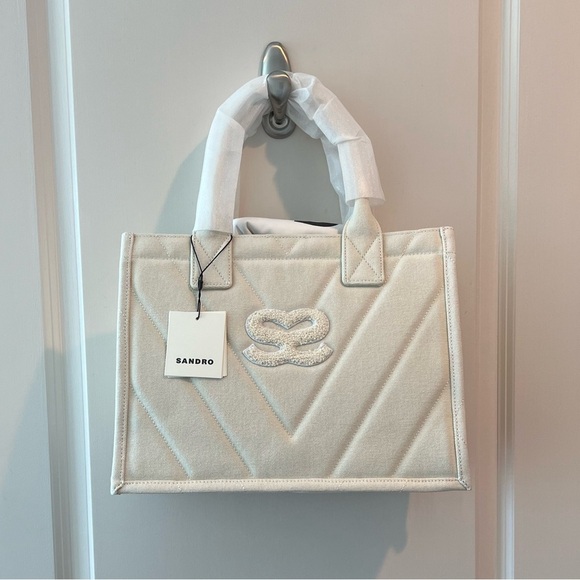 SANDRO Kasbah Quilted Canvas Tote Bag In Ecru. NWT - Picture 3 of 16